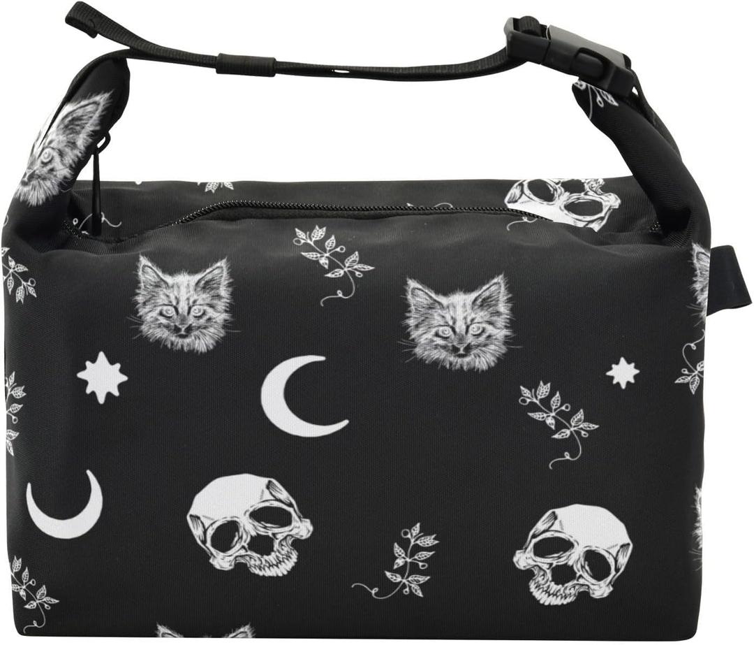 Skull Cat Moon Gothic Lunch Bag for Women & Men Reusable Lunch Tote Bags for Work, Office, Picnic, Travel,School