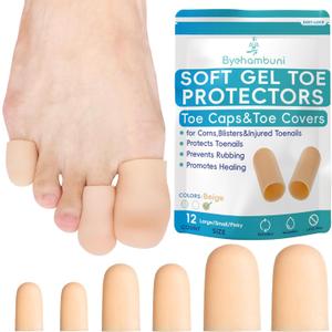 Byehambuni Silicone Toe Protectors - 12 Pack Gel Toe Caps - Toe Covers for Women - Toe Cushions for Pain Relief, Corns, Calluses, Blisters, Missing or Ingrown Toenails, Reusable - Beige (4L+4S+4Pinky) (Multi-Size)