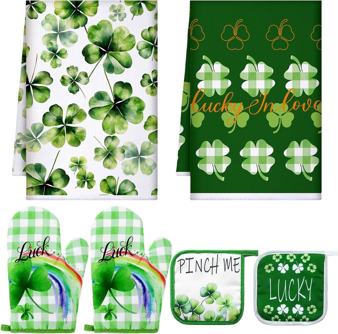 2 x Bencailor 6 Pcs St. Patrick's Day Kitchen Decor Set Kitchen Towels Oven Mitts Pot Holder Irish Shamrocks Leprechauns Gnome Rainbow Lucky Party Gifts Decorations for Home Housewarming