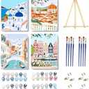 VIGEGU 4 Pack Paint by Numbers Kit for Adults Beginner with Frame, Wooden Easel DIY Cityscape Scenery Adult Paint by Number Kits for Home Decor 7.8x11.8inch