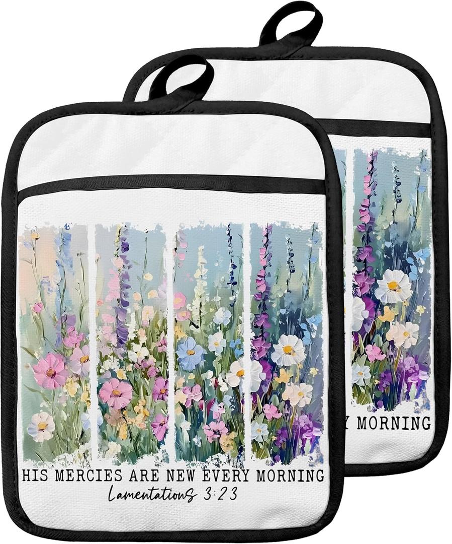 Christian Pot Holders with Pockets, His Mercies are New Every Morning Bible Verse Floral Oven Pot Holders Heat Resistant Oven Mitts Hot Pads for Kitchen Baking Cooking