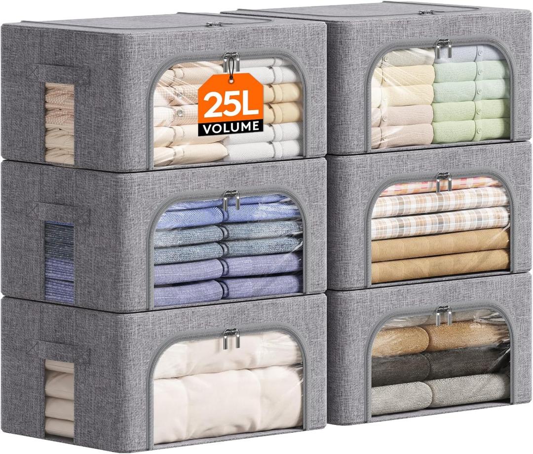 Lifewit Clothes Storage Bins with Metal Frame, Stackable Storage Box, Foldable Clothing Storage Bins with Lids, 25L Storage Bags Fabric Box Organizer with Clear Window Zippers Sturdy Handles 6 Pack