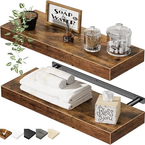 QEEIG Bathroom Floating Shelves for Wall - 15.7" Wall Mounted Shelf Over Toilet Farmhouse Home Decor Display Bookshelf Small 15.7 x 6.7 inch Set of 2, Rustic Brown (008-40BN)