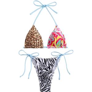 Verdusa Women's 2 Piece Boho Colorblock Halter Bikini Set Bow Tie Graphic High Cut Swimsuit (Brown Multi)