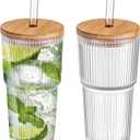Dingerjar 20 oz Ribbed Glass Tumblers with Bamboo Lids and Straws, 2 Pcs Wide Mouth Thickened Vintage Glass Cup for Boba, Iced Coffee, Juice