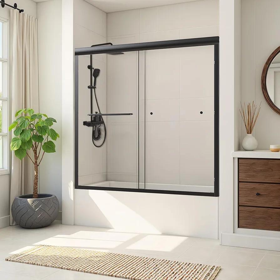 Shower Door Bathtub Sliding 56-60" W x 58" H, Shower Doors for Walk in Shower, Water Repellent Bathroom Shower Glass Bathtub Door, ABS Anti-Collision Rubber, Matte Black (1/4")