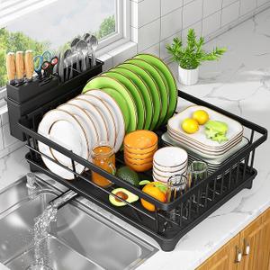 Kmiectse Dish Drying Rack  SpaceSaving Small Dish Rack for Kitchen Counter, RustResistant Kitchen Drying Rack, Compact Dish Drainer Organizer with Utensil Holder for Home Kitchen, Black