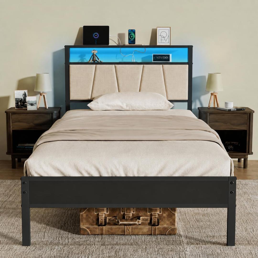 Z-hom 14 Inch Twin Bed Frame with Charging Station, Easy Assembly LED Bed, Upgrade Version-beige