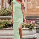PRETTYGARDEN Women's Summer One Shoulder Long Formal Dresses Sleeveless Ruched Bodycon Wedding Guest Slit Maxi Dress (Green, S)