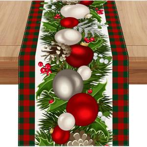 Jiudungs Linen Red and Green Buffalo Check Plaid Christmas Table Runner 120 Inches Long Farmhouse Winter Christmas Xmas Holiday Home Kitchen Table Decorations