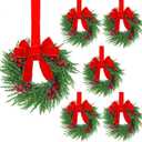 YoleShy 6 Pcs Small Christmas Wreath 12'' Mini Wreaths for Kitchen Cabinet Wreaths with Berry & Red Velvet Bow Ribbon Window Wreath Christmas Xmas Farmhouse Decoration for Front Door Chair Wall