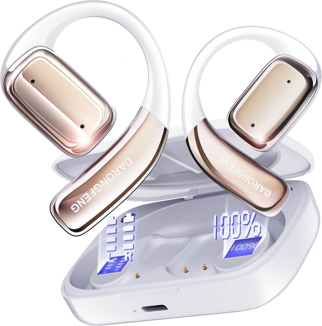 Open Ear Wireless Bluetooth Headphones, Pain-Free Air Conduction Ear Buds with LED Digital Display Charging Case, Sweat Resistant for Running, Safe Driving, and Extended Daily Use