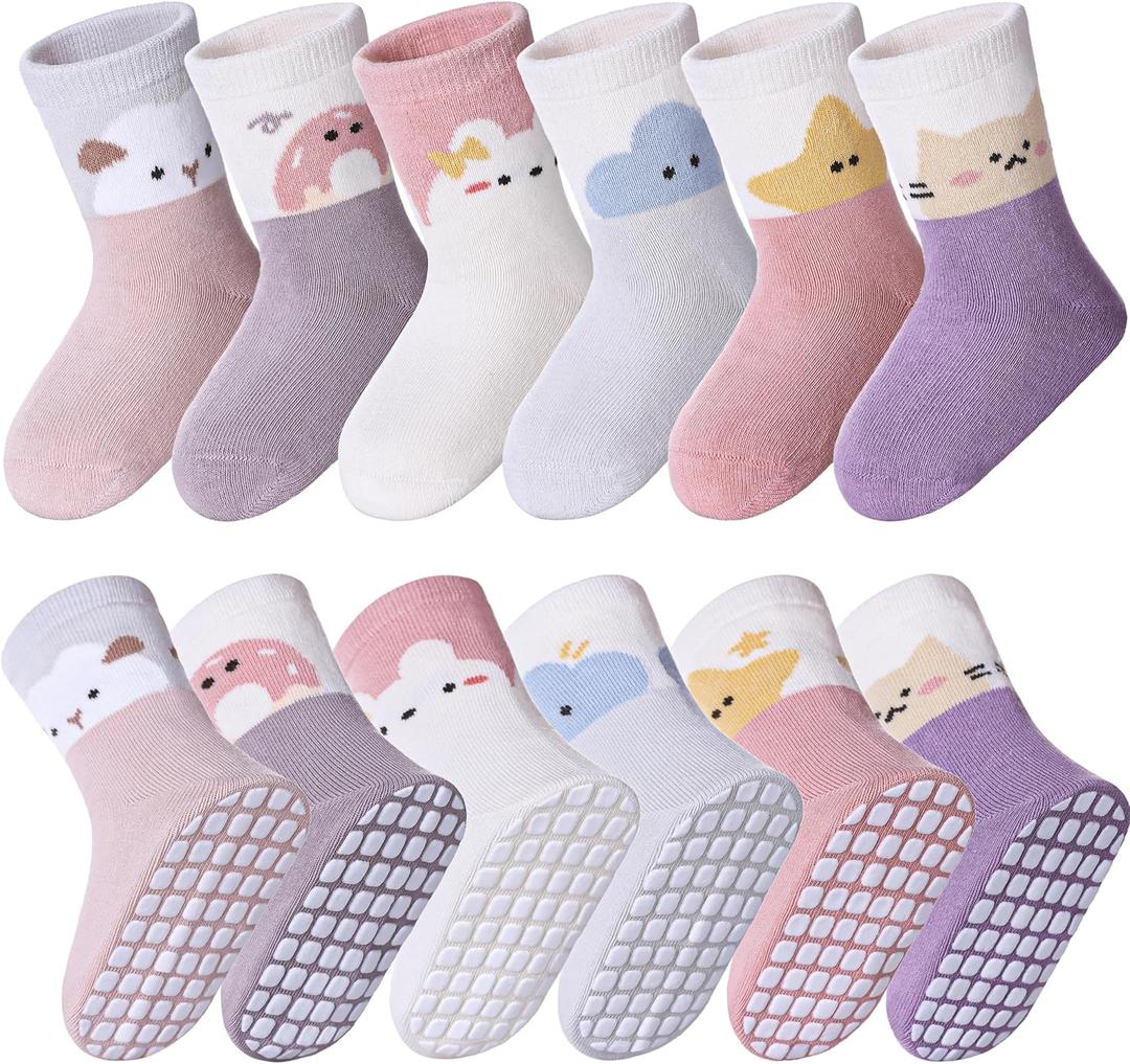 MQELONG 6 Pairs Baby Girls Non Slip Crew Socks Grips Socks for Infants Toddlers Kids Girls (1-3T, Animal)