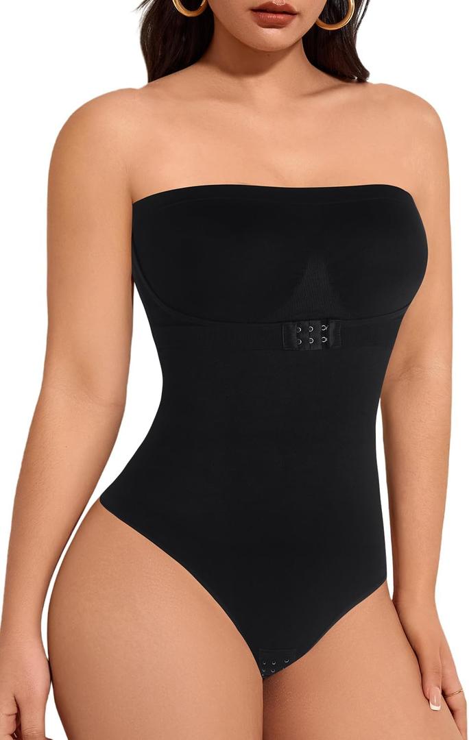 Strapless Tummy Control Shapewear Bodysuit for Women- Seamless Snatched Waist Thong Body Shaper Postpartum Slimming, Small