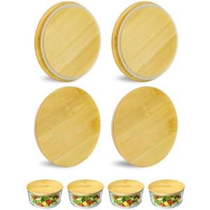TERESRY Replacement Wooden Lids for Pyrex, Anchor Hocking Glass Containers 7200 * 4, Bamboo Lids for Pyrex 2Cup Glass Bowls, Bowl Covers with Leakproof Silicone Gasket 4 Pack