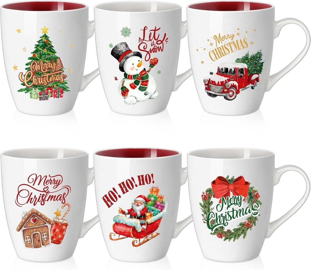 Shellwei 6 Pack Christmas Coffee Mugs 11 oz Holiday Ceramic Mugs Set Xmas Tea Cups with Handles Bulk Reusable Ceramic Coffee Cups for Women Men Teachers Appreciation Christmas Gifts(Classic)