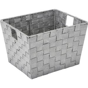 Simplify Medium Metallicx Striped Woven Storage Bin in Grey/Silver