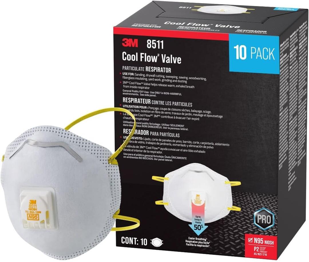 3M N95 Respirator 8511, 10 Pack, NIOSH-APPROVED N95, Features 3M COOL FLOW Exhalation Valve, Relief From Dusts & Certain Particles During Sanding, Pollen, Mold Spores, Dust Particles (8511DB1-A-PS), 10 Count
