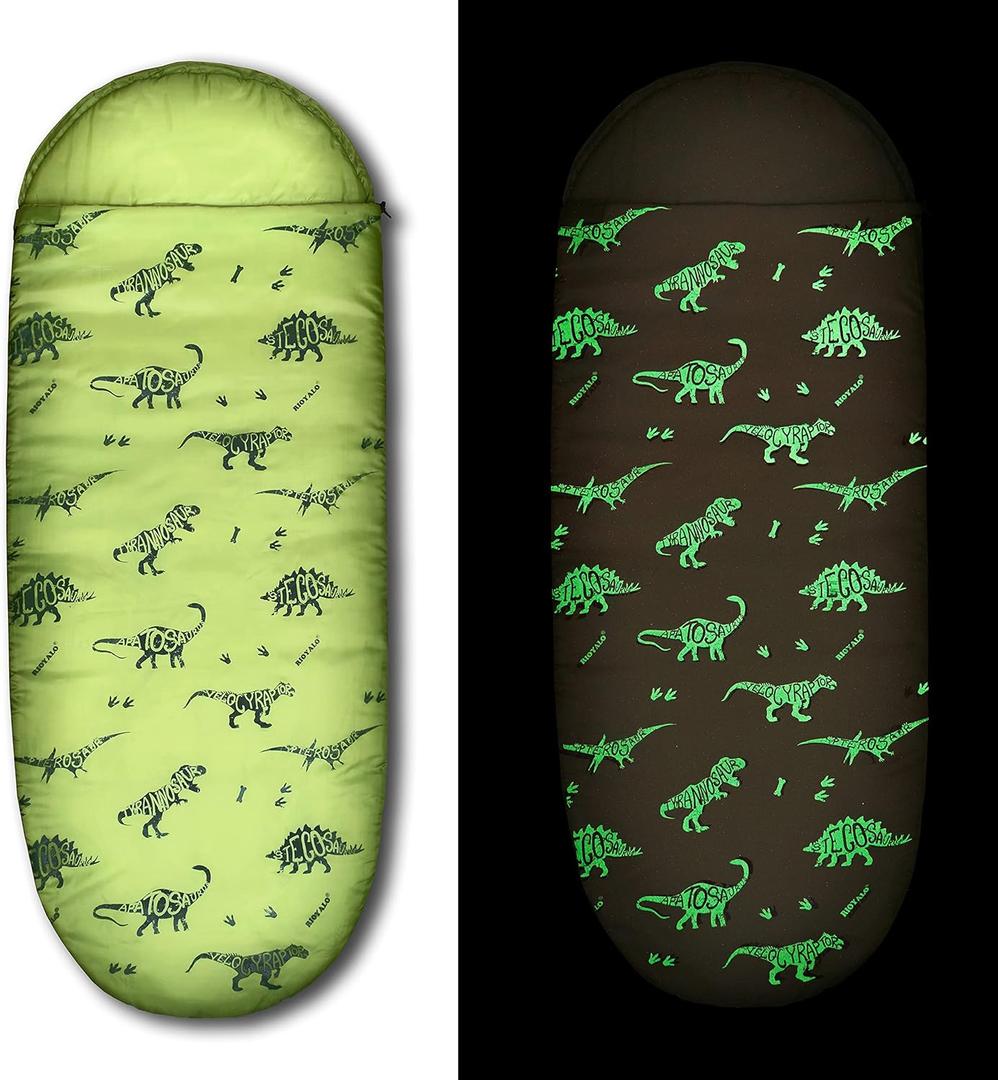 Kids Glow-in-the-Dark Dinosaur Sleeping Bag for Boys Camping Hiking - Machine Washable, Durable, Waterproof, Lightweight - Slumber Bag & Backpack 2 Pc Gift Set - Age 3-10 | 58" L X 27" W