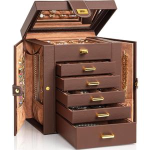 AKOZLIN Jewelry Box Organizer Functional Leather Jewelry Storage Case for Women Girls Ring Necklace Earring Bracelet Holder Organizer with Mirror Brown
