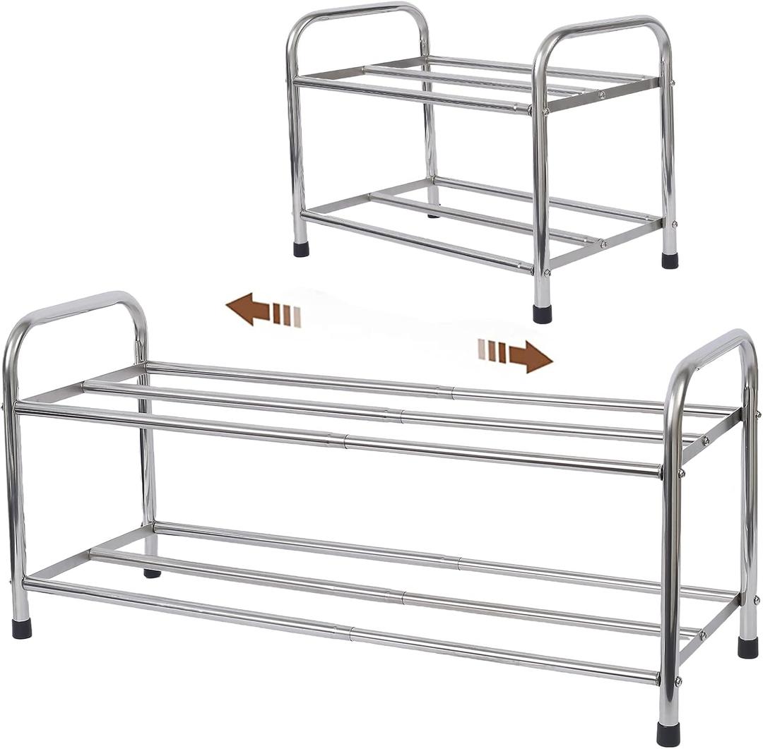 2-Tier Expandable Shoe Rack, Stackable and Adjustable Shoes Organizer Storage Shelf, Sturdy and Durable Metal Structure Free Standing Shoe Rack for Closet Entryway Doorway