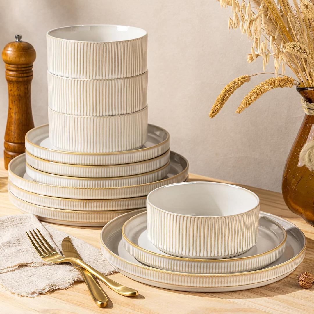 GBHOME Stoneware Dinnerware Sets for 4, 12 Pieces Plates and Bowls Set