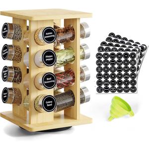 WelFurGeer Bamboo Spice Rack Organizer for Countertop, Revolving Spice Shelf with 16 Glass Jars, Lids & Labels, Desktop Rotating Seasoning Organizer for Kitchens, Space-Saving Design (4 Tiers)