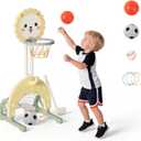 4-in-1 Toddler Basketball Hoop Indoor Adjustable Height Outdoor Sports Center for Kids Basketball, Soccer, Hockey & Ring Toss, Yellow and Green