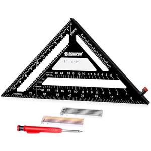 RONGPRO Rafter Square 12 Inch with Woodworking Pencil, Carpenter Measuring Layout Tool, Aluminum Alloy Triangle Carpenter Square for Woodworking- Black, Imperial