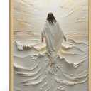 Jesus Walking on Water Wall Art Natural Wood Framed Religious Wall Decor Christian Paintings for Living Room Bible Verses Pictures for Bedroom Modern Christian Canvas Art 16x24 Inch