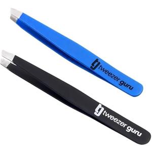 TWEEZER GURU 2 piece - Slant Pointed Precision Tweezers for Eyebrows, Ingrown Hairs, Blackheads - Sharp Needle Nose for Plucking, Splinters