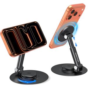 OMOTON 360 Rotating MS05 Magnetic Phone Stand for MagSafe, [Height Adjustable] Cell Phone Stand for Desk with Non-Slip Base, Office Desk Accessories for iPhone 17/16/15/14 Pro Max Air, Black