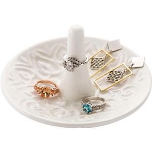 MyGift Decorative White Ceramic Ring Tray for Jewelry, Ring Cone and Trinket Tray with Raised Heart Design