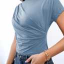 SweatyRocks Women's Casual Short Sleeve Mock Neck Tee Top Asymmetric Ruched Plain T Shirt (Blue, M)