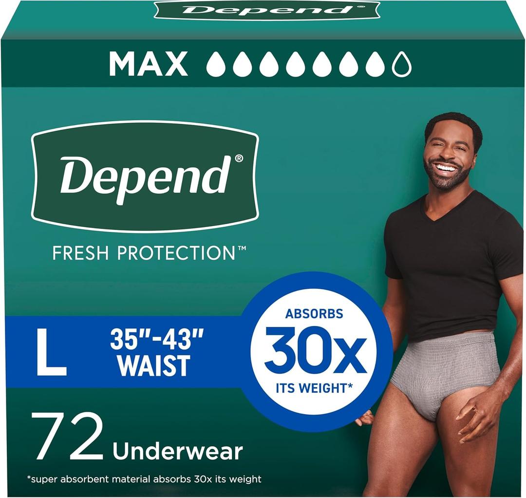 Depend Fresh Protection Adult Diapers, Incontinence Underwear for Men, Disposable, Maximum, Large, Grey, 72 Count (2 Packs of 36)