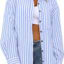CHYRII Womens Striped Button Down Shirt Casual Long Sleeve Blouse Top (Medium, Blue)