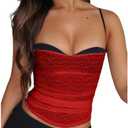 Women Lace/Leopard Patchwok Crop Tank Tops Sexy Sheer Mesh Spaghetti Strap Camisole Slim Fit Going Out Cami Tops.M