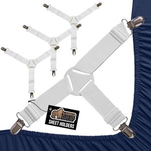 GORILLA GRIP Patent Pending Bed Sheet Holders, Adjustable Elastic Fasteners with Metal Clips, Keep in Place Fitted Bedding Straps, Easy Install Suspenders Mattress, Firm Tight, 2 Pack White