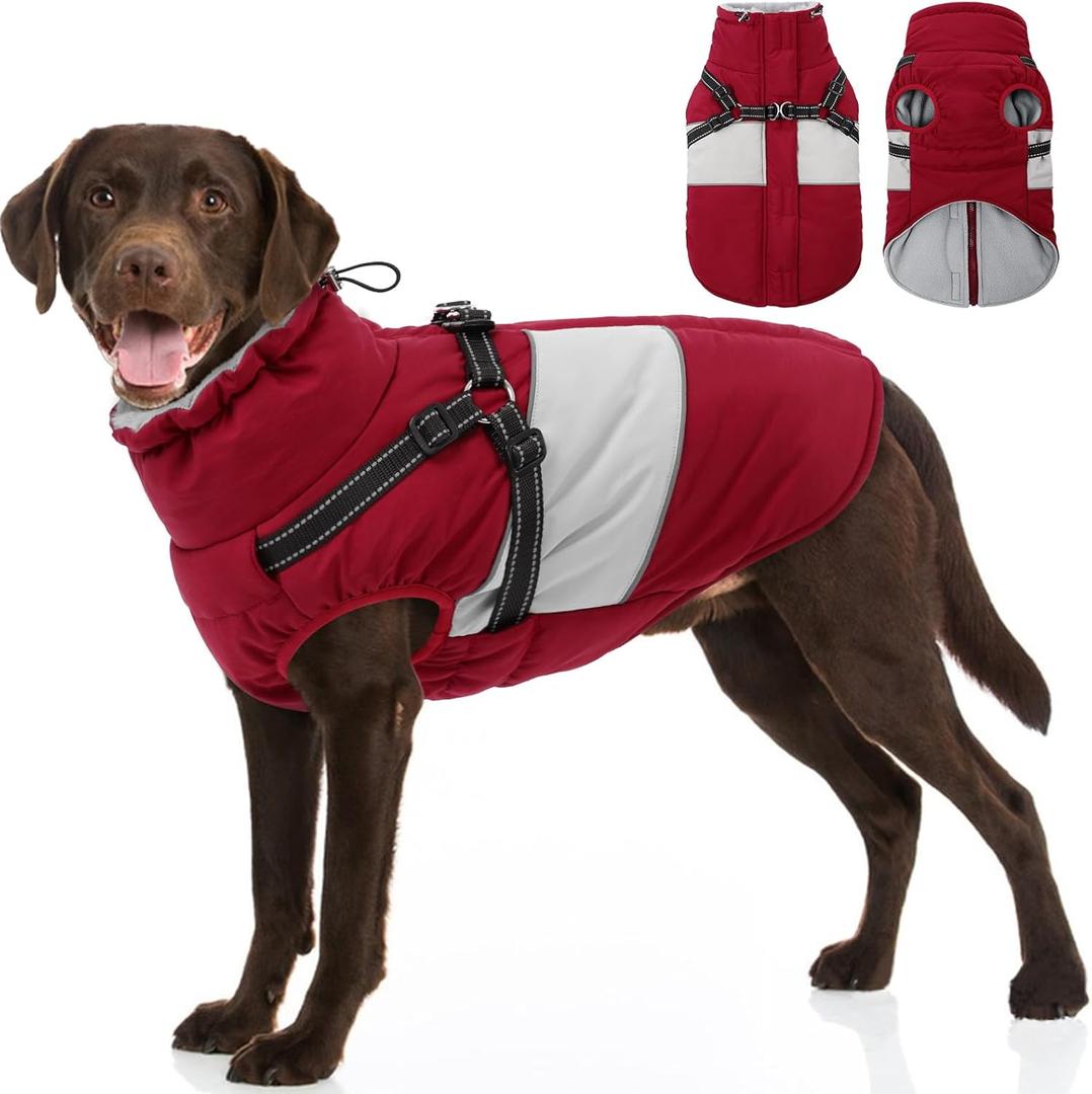 SUNFURA Dog Coat, XXL Dog Jacket Winter with Harness Built in, Waterproof Pet Snow Jacket with Furry Collar for Chilly Day, Reflective Fleece Snowsuit for Extra Large Dogs, Burgundy 2XL