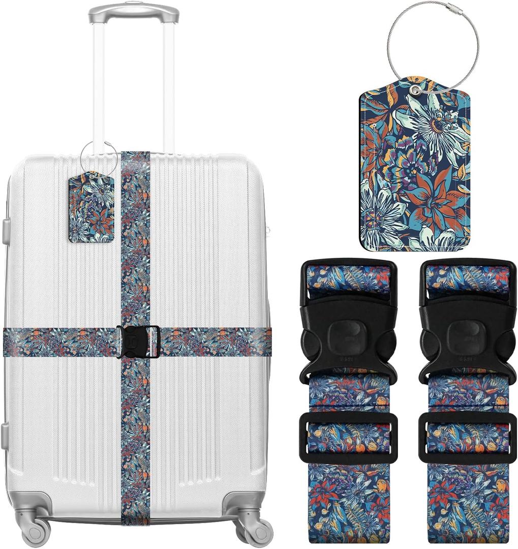 3 Pack Luggage Straps Tags Set for Suitcases, Travel Adjustable Belt with Quick Release Buckle and Name ID Label Card, Heavy Duty Nylon Bag Packing Strap for Business - Blue Flowers