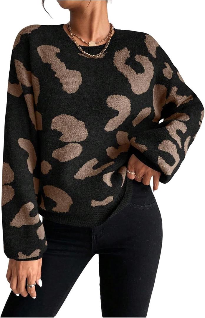 WDIRARA Women's Leopard Sweaters Crew Neck Long Sleeve Pullover Knit Tops (S)