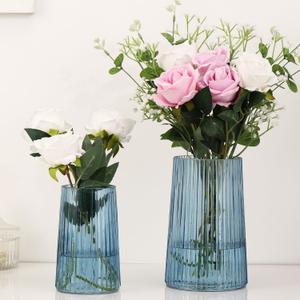 Ribbed Flower Vases Set of 2, Blue Vases for Flowers, Flower Vase for Bouquet, Modern Ribbed Glass Vase for Living Room, Bedroom, Dining Table, Office, Wedding, Centerpieces (Large+Medium)