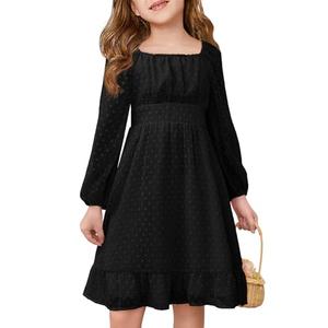 Haloumoning Girls Long Sleeve Dress Kids Ruffle Tiered Dress Swiss Dot Flowy A Line Dresses Black, Medium