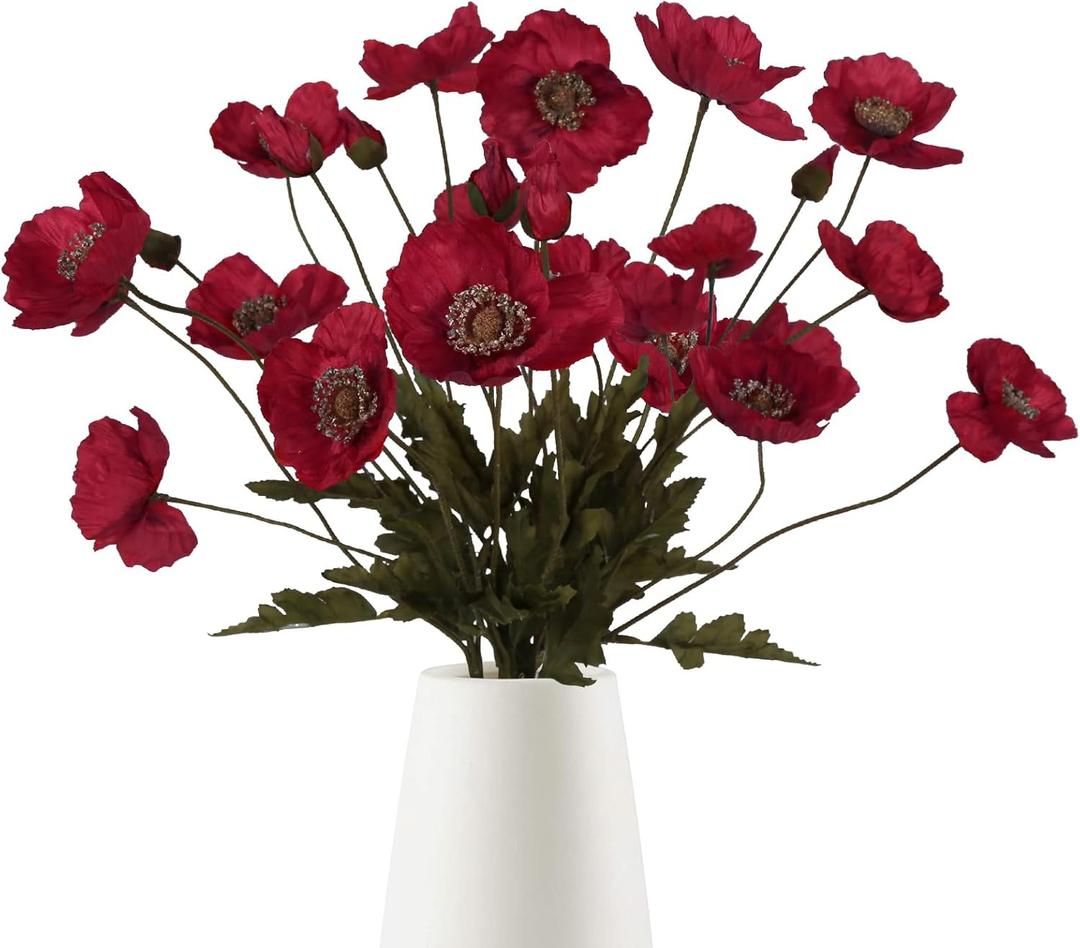 IPOPU Red Poppy Flowers 6pcs Artificial Poppies Faux Vintage Silk Flower Arrangements for Wedding Centerpieces, Home Table, Bridal Shower Party Decorations