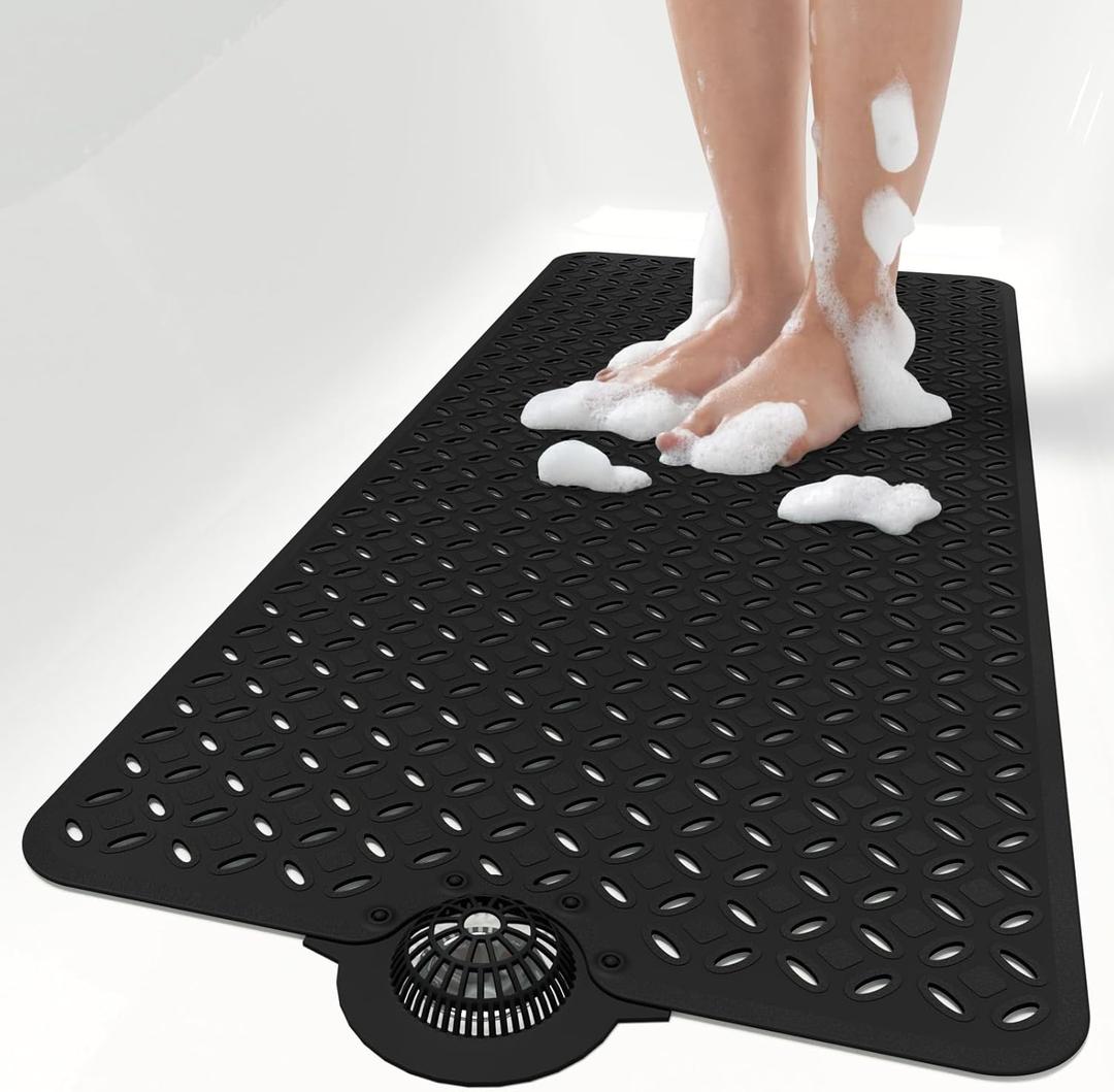 OTHWAY Bath Mat for Tub Non Slip: 39" X 17" Long Bathtub Mat with Hair CatcherBig Drain Holes Shower Mats for Inside ShowerMachine Washable (Black)
