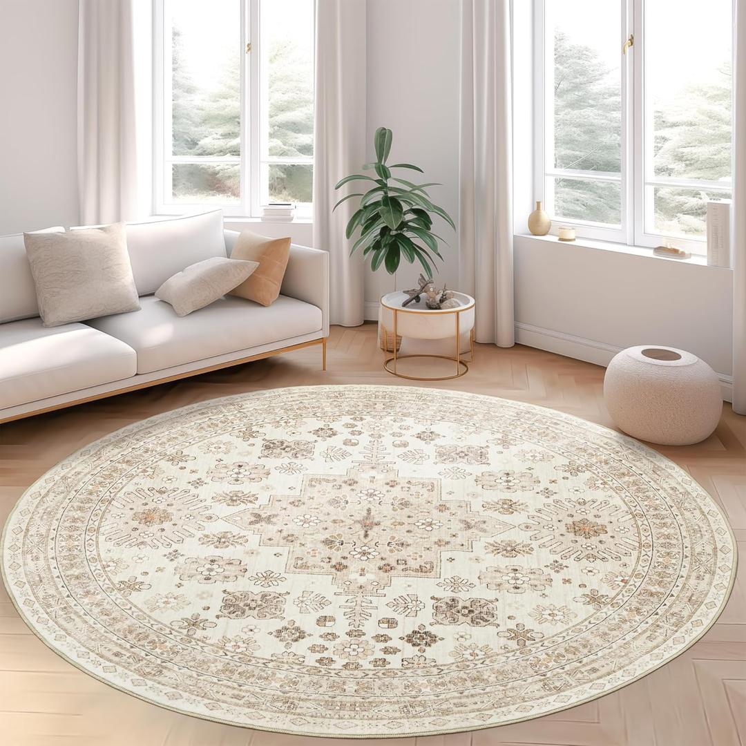 zesthome Washable Round Area Rugs - Non-Slip 6ft Round Rugs, Ultra-Thin Large Circle Rugs for Living Room, Soft Low Pile Rug for Bedroom, Kitchen, Nursery - Vintage Round Rug(Cream/Beige,6'x6')