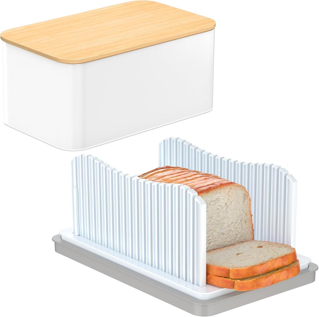 Bread Slicer with Box for Homemade, Foldable Bread Cutter with Crumb Tray, Adjustable Width Bread Slicing Guide for Loafs, Sandwiches, Bagels, and Cakes