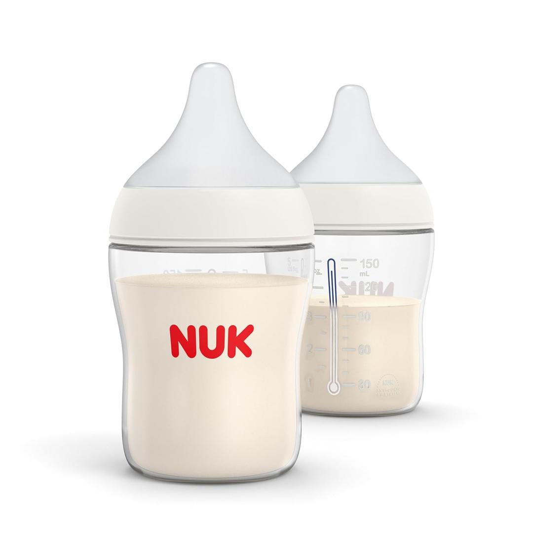 NUK Perfect Match 2-in-1 Natural and Anti-Colic Bottle with Slow Flow, Wide, Adaptable Nipple, 5oz., 2 Pack (5 ounces, Clear)