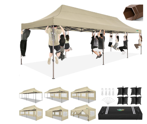 COBIZI 10x30 Heavy Duty Pop Up Canopy with 8 Sidewalls and Hexagonal Legs, Easy up Tent for Parties, Wedding and Commercial, Outdoor Canopy with Carry Bag, Sand Bags, Waterproof & UPF50+ (White)