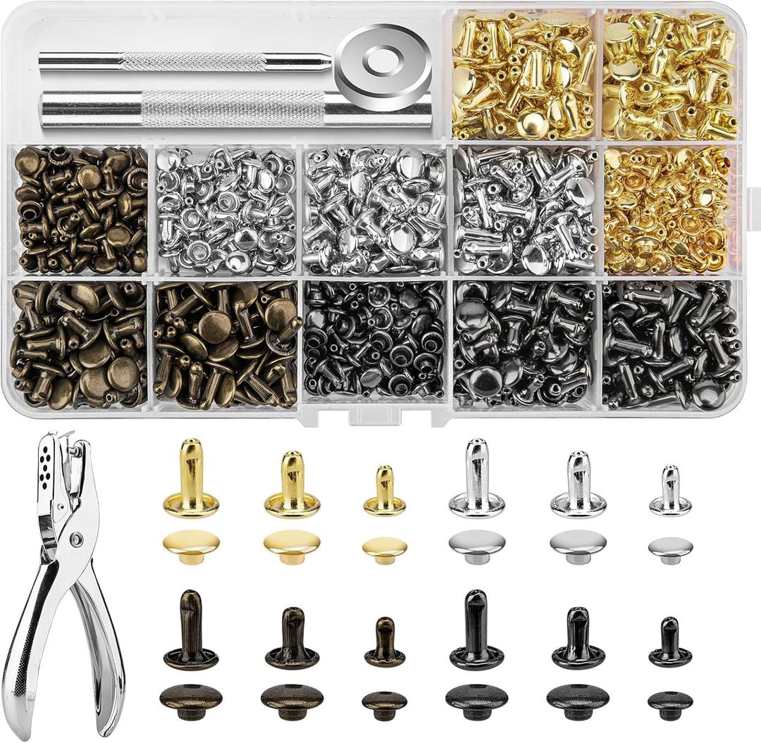 480 Sets Rivets for Leather, 4 Colors 3 Sizes Leather Rivets Kit, Double Cap Rivet with 4 Setting Tools, Suitable for Bags, Decoration